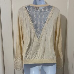 Divided Cream Long Sleeve Top with Lace Cuffs and Back